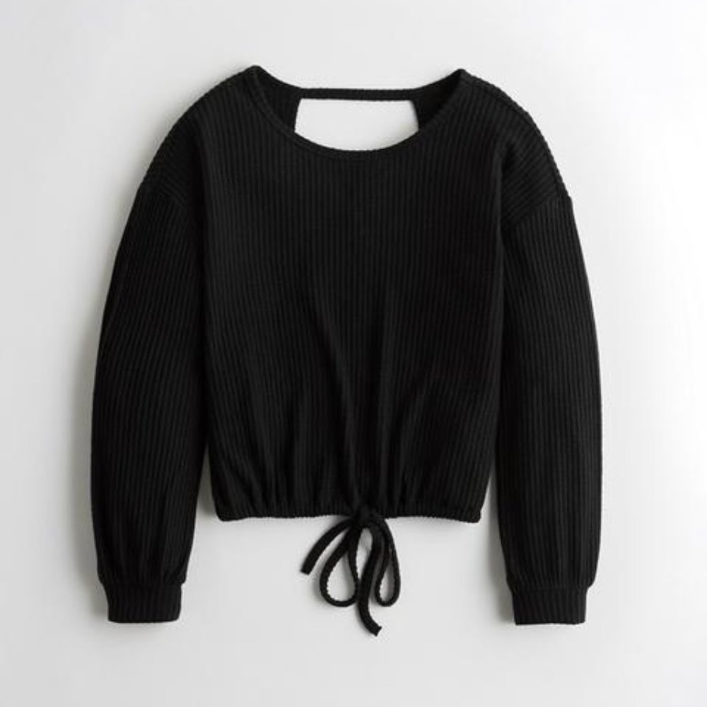 Open-Back Boyfriend Waffle T-Shirt - Black - Size S
